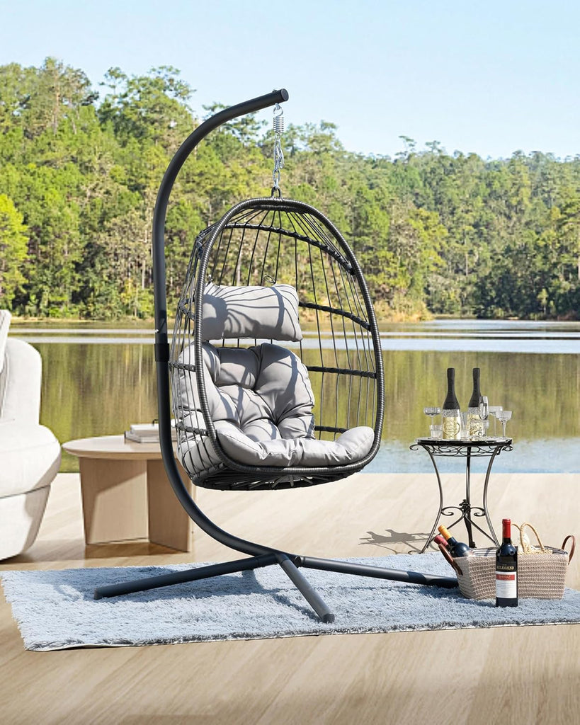 Hanging Egg Chair with Stand, Patio Wicker Egg Swing Chair with Cushion Garden Indoor Outdoor (Grey) | Patio Wicker