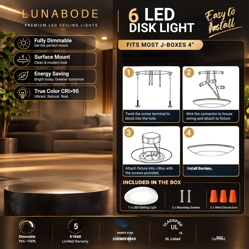 LED 7.5" Flush Mount Ceiling Light, Dimmable LED Lights, Disk Lights, Ceiling Light Fixture, 16.5W (120W Equivalent)