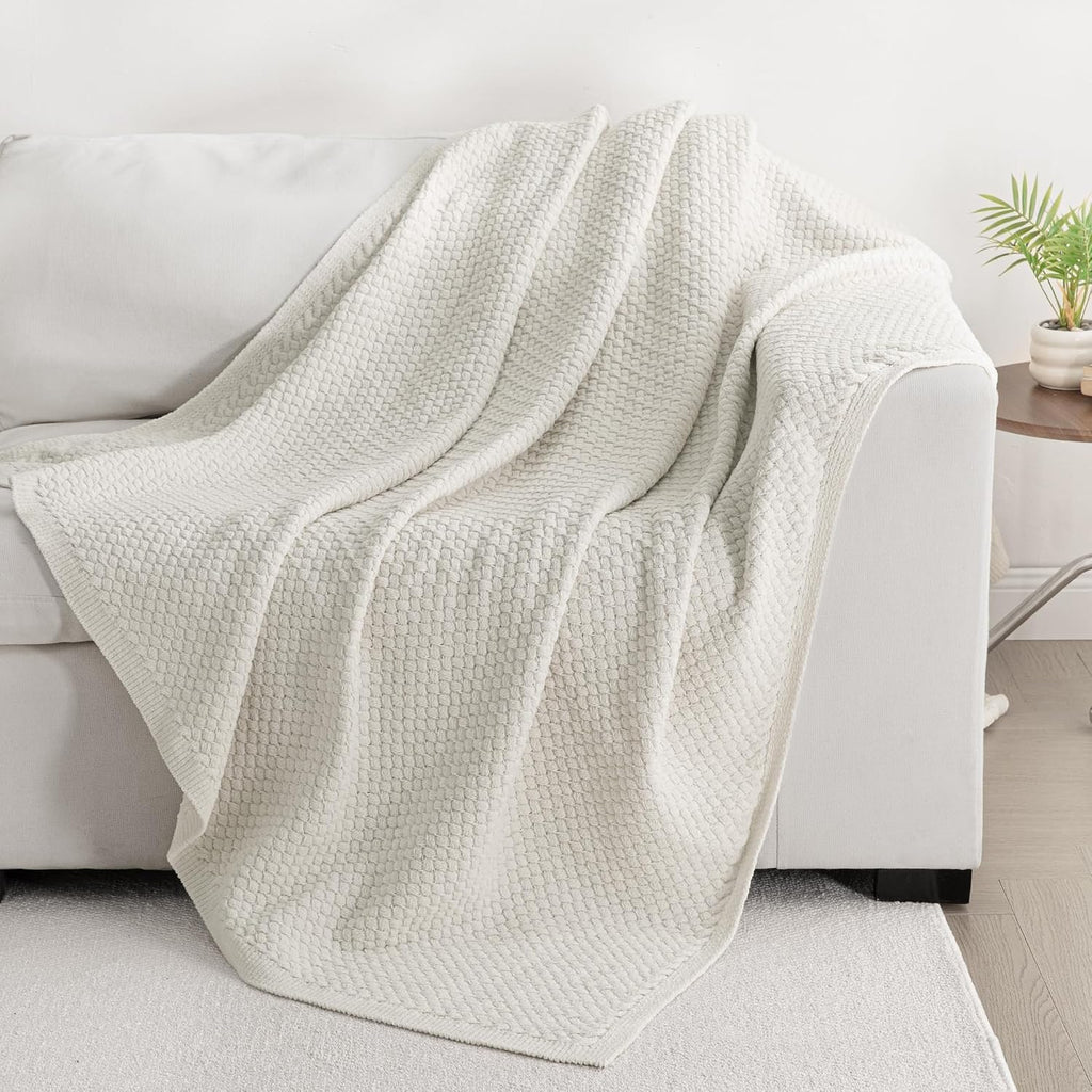 Chunky Chenille Knit Throw Blanket, Lightweight Breathable Summer Throws, Luxe Soft Fuzzy Cozy Basket Woven Stitch