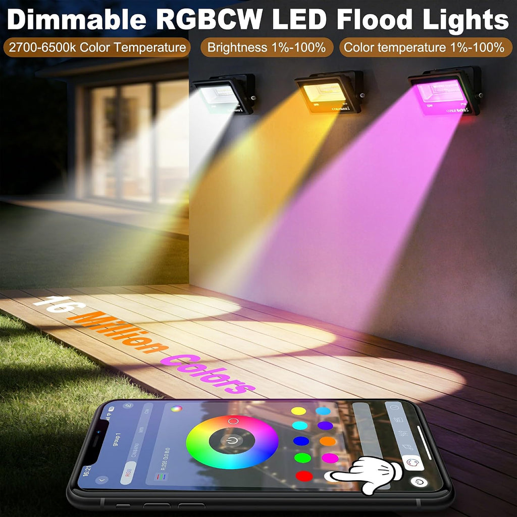 LED Flood Light Outdoor,Bluetooth RGBCW Flood Light with APP Control,25w Color Changing LED Light with 16 Million