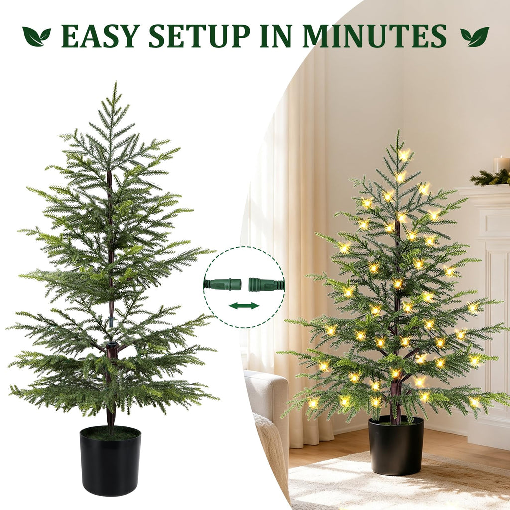 4FT Prelit Norfolk Pine Christmas Tree Real Touch Artificial Cedar Tree with 80LED Lights & 8-Function Plug-in Potted