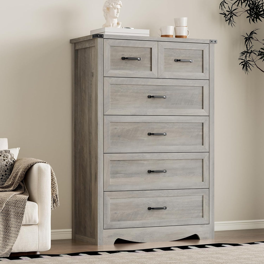 Tall 6-Drawer Dresser , Modern Wooden Chest of Drawers with Metal Handles, Anti-Tipping Design, Sturdy and Stable