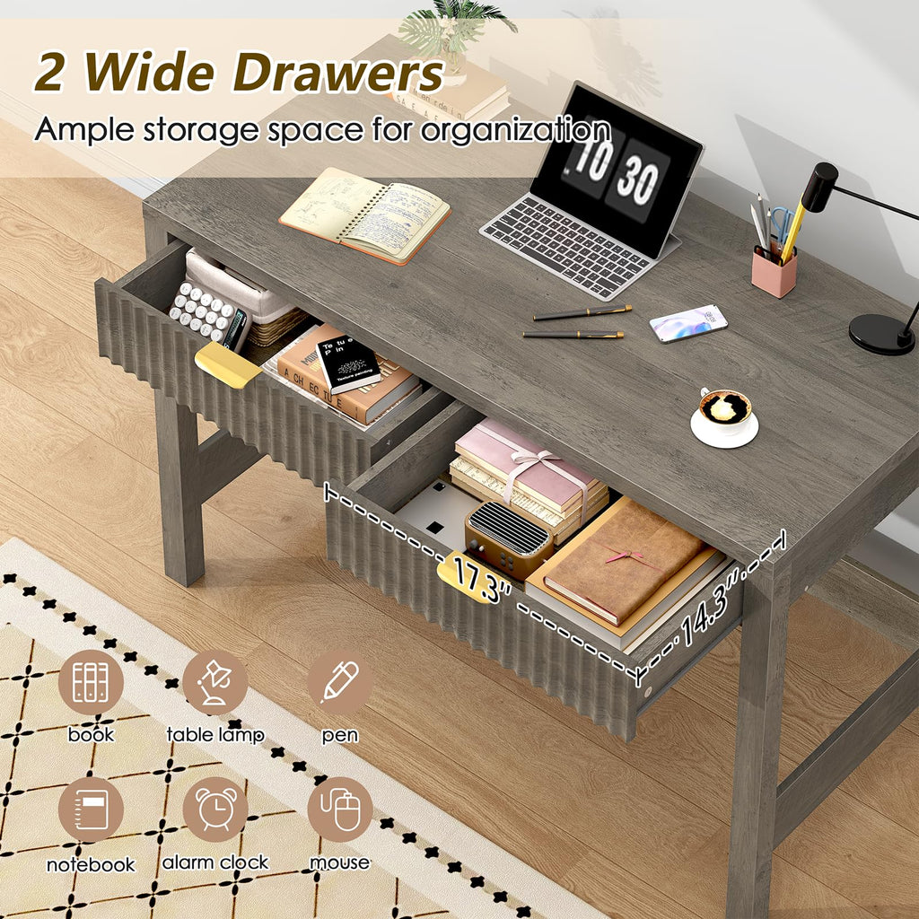 39 Inch Small Fluted Computer Desk with 2 Drawers