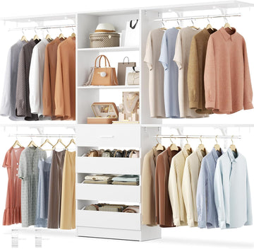 Closet System with Drawers, Wood Closet Organizer System with 4 Hanging Rods & Top Shelves, Walk-in Closets Organizer
