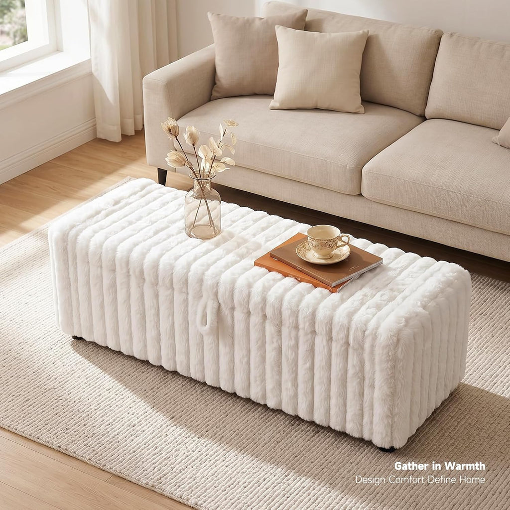 46" Storage Ottoman Bench, 30 Gallon Long Faux Fur Storage with Handles & Soft-Close Hinged Lid for Blankets and