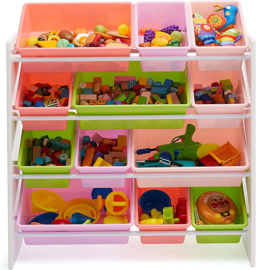Kids Toy Storage Organizer with 12 Plastic Bins, White Wood with Pink Bins, 33.85"D x 12.79"W x 35.42"H