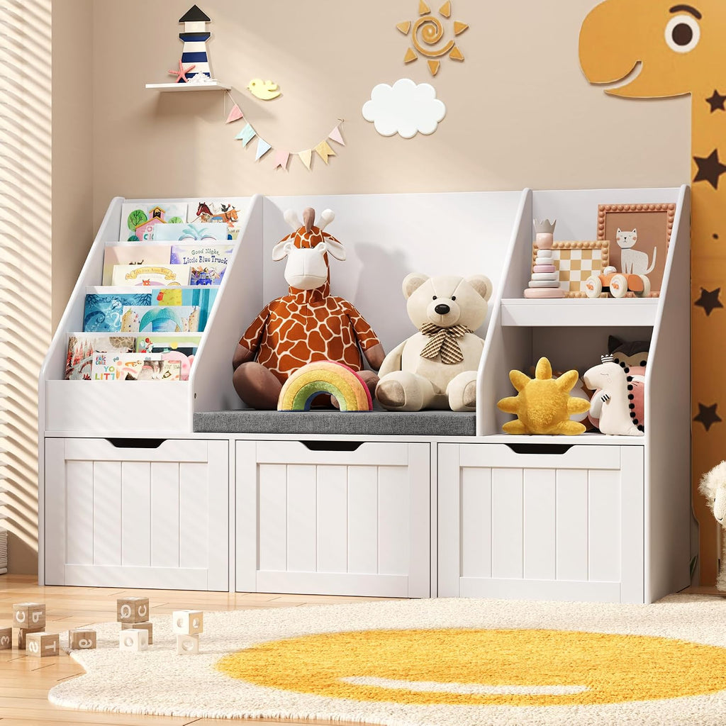 Kids Toy Storage Organizer with Reading Nook, Kids Bookshelf with 3 Movable Drawers, Kids Reading Nook with Bench for