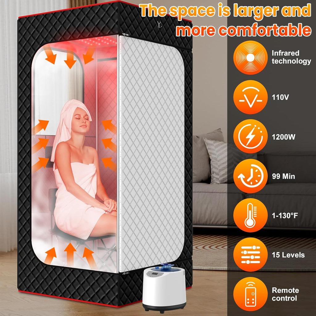 Infrared Home Steam Sauna Box, Portable Personal Full Body Sauna Spa Tent at Home for Relaxation with 660nm Red Light Therapy Lamp, 3L Steamer, Folding Chair, 15 Levels