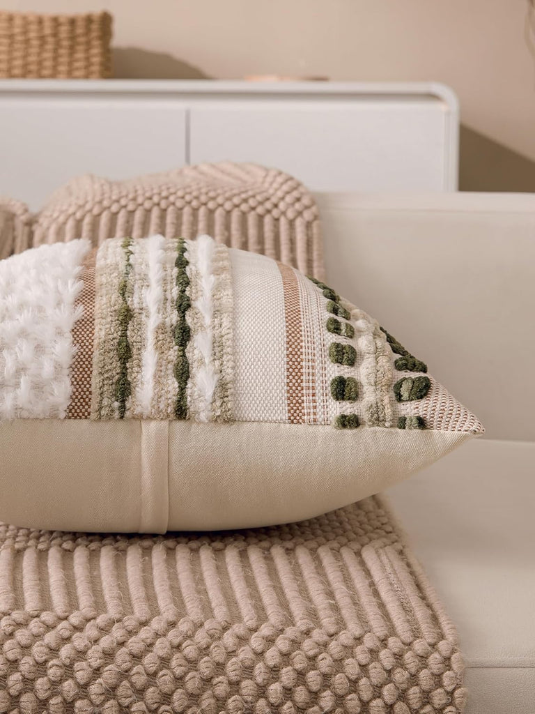 Boho Chenille Tufted Couch Throw Pillow Covers 18x18 Inch Set of 2 Farmhouse Striped Decorative Pillow Covers Accent