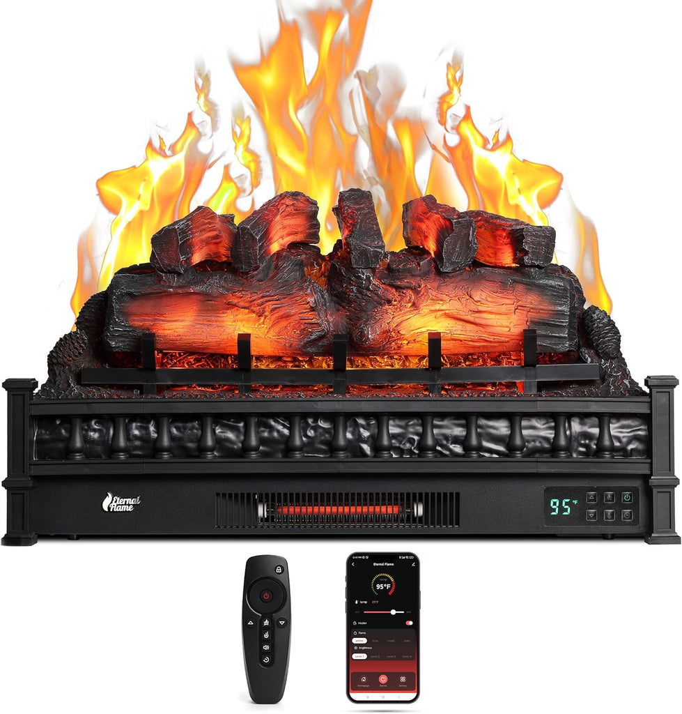 30 Inch WiFi Infrared Electric Fireplace Log Insert, 1500W Quartz Heater with Crackling Sound, Realistic Logs, Adjustable Flame Colors, Remote Control, Thermostat and Timer