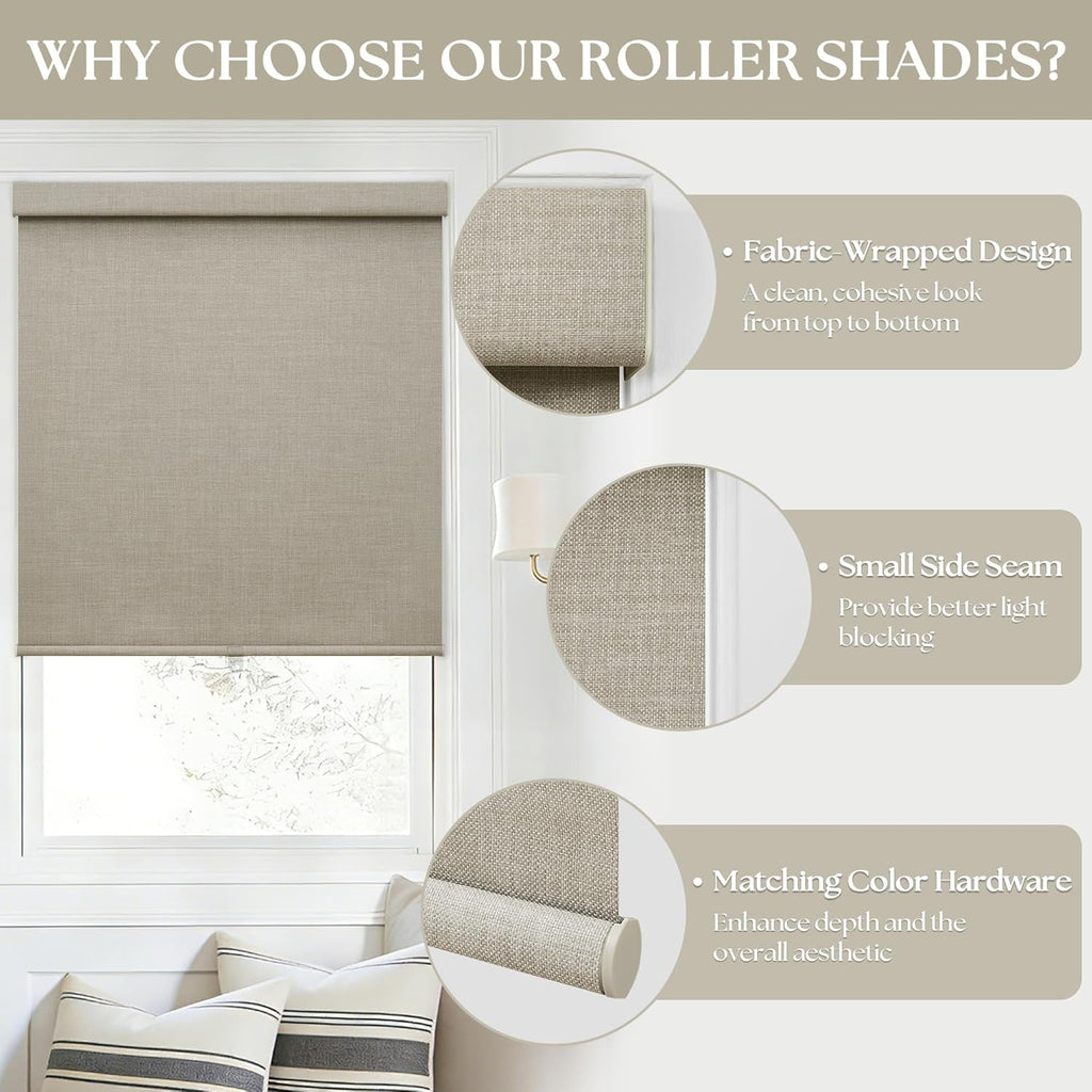100% Blackout Roller Shades for Windows Cordless Linen Fabric Roller Blinds Thermal Insulated UV Protection Shades