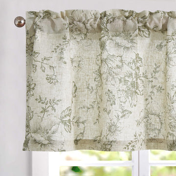 Linen Valance Curtain Farmhouse Sage Green Floral Window Valance, French Country Flower Drapes for Kitchen