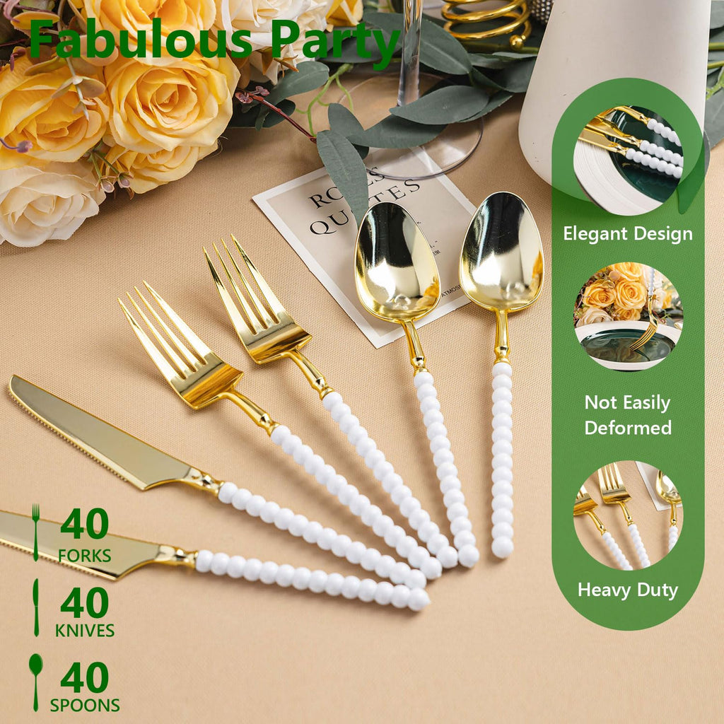 120 Pcs Gold Plastic Silverware with White Beads Handle