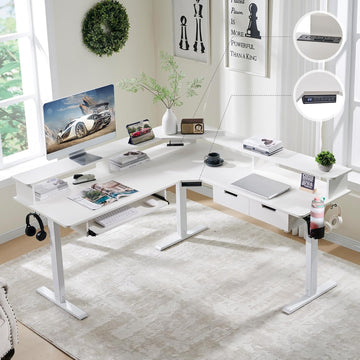 60 Inches L Shaped Electric Standing Desk 2 Tier, Antique White