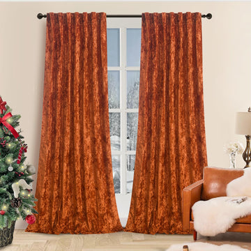 Burnt Orange Velvet Curtains 2 Panel Set - 84 inches Long Room Darkening Luxury Distressed Crushed Velvet Rod Pocket