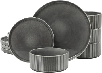 Solana Coast 12 Piece Stoneware Reactive Glaze (Service for 4) Ceramic Plates and Bowls Modern Shape Embossed