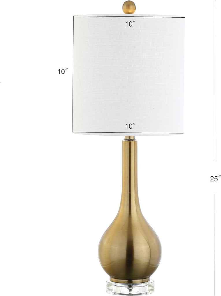 25" Brass Gold Metal and Crystal Teardrop LED Table Lamp Living Room Bedside Nightstand, White Linen Drum Shade