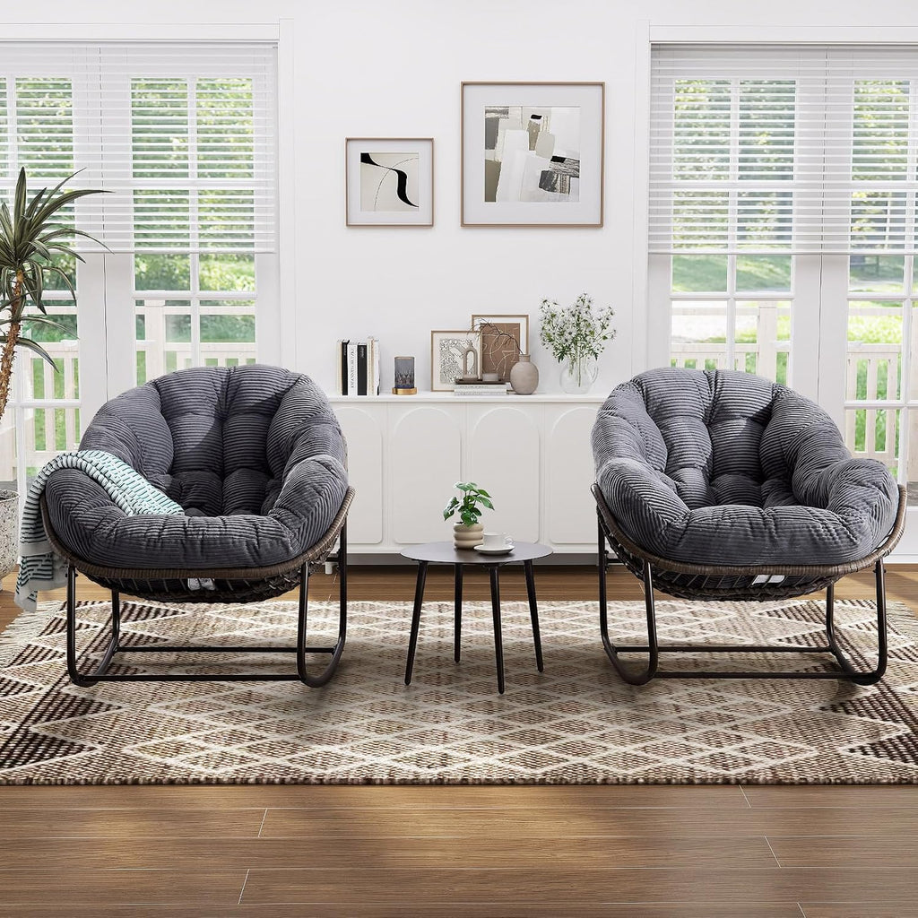 Oversized Indoor Rocking Chair, Comfy Corduroy Rocking Papasan Chair with Thick Cushion and Frame, Large Wicker