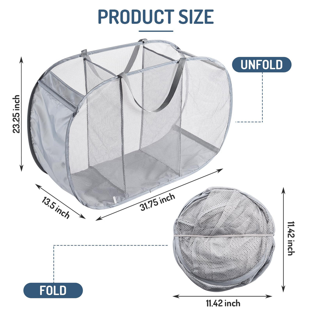 Mesh Popup Laundry Hamper 3 Compartment Sortable Horizontal Collapsible Laundry Basket for Clothes Laundry Room