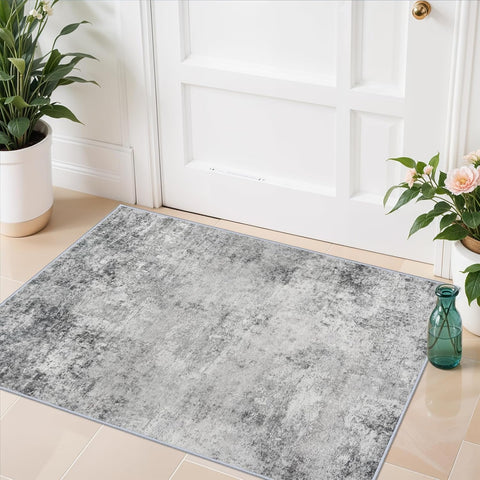 2x3 Washable Abstract Area Rug, Thin Low Pile Non-Slip Indoor Carpet Grey