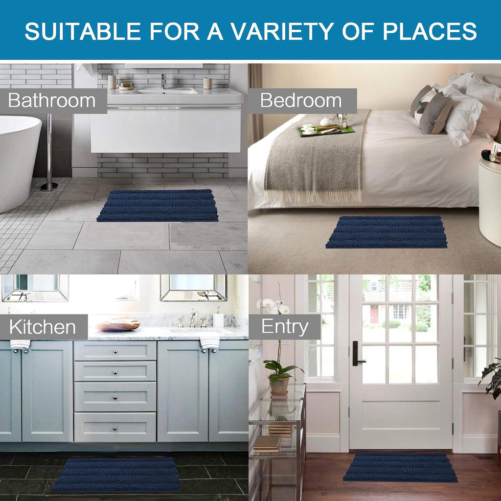 Navy Blue Bathroom Rugs 2 Piece, Bath Mat Set Slip-Resistant Extra Absorbent Soft and Fluffy Striped Chenille Bath