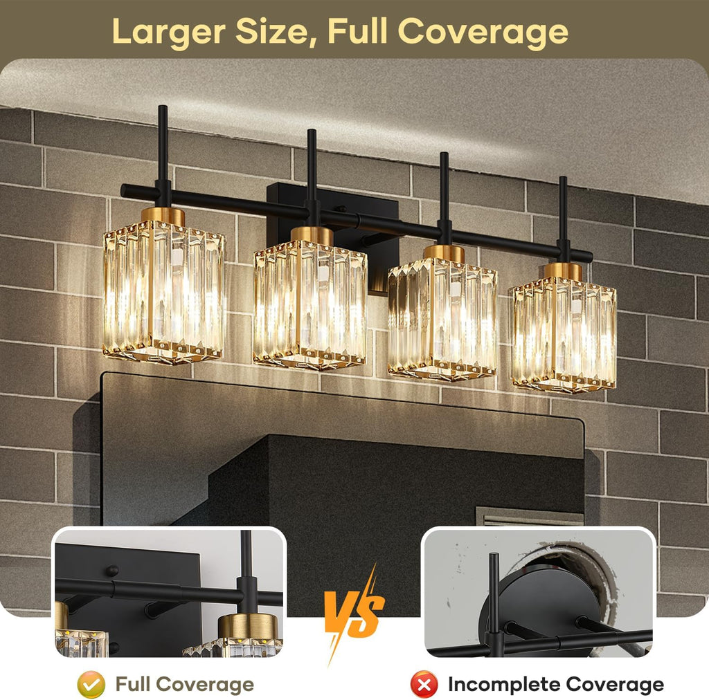 Modern Crystal Bathroom Vanity Light 4-Lights Gold Bathroom Light Fixtures Over Mirror Black and Gold Vanity Lighting