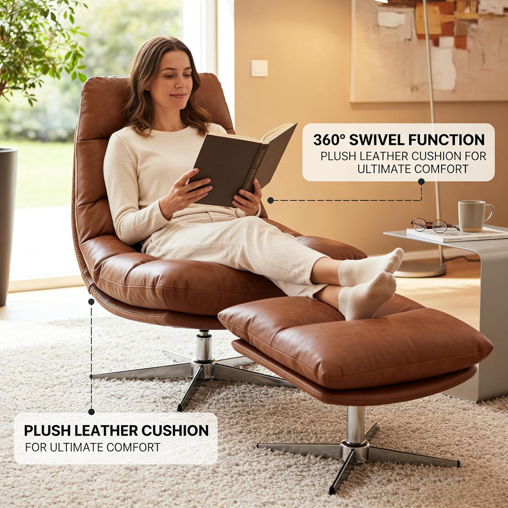 Modern Reading Chair and Ottoman — Brown PU Leather