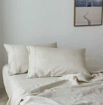 100% Linen Pillowcases Queen Size Set of 2, Hand-Drawn Hemstitch Side Opening Pillow Covers, Soft Breathable