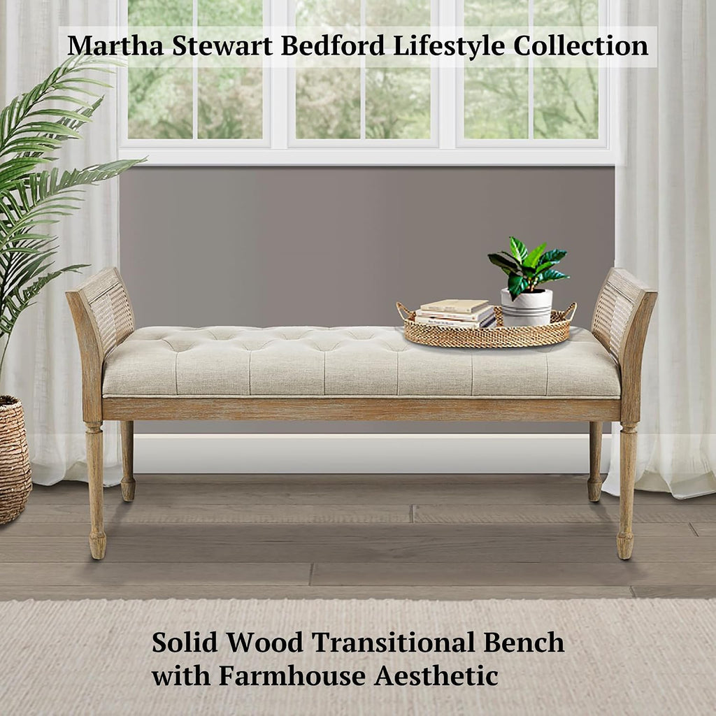 Isla Entryway Accent Bench Bedford Collection, Tufted Seat, Cane Side Frames, Farmhouse Bed End Bench Seating