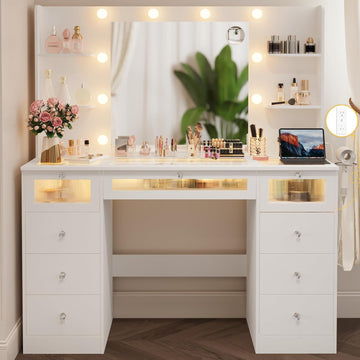 White Vanity with Lighted 23.5" Mirror, Glass Top Vanity 9 Drawers | Makeup Vanity Desk with 3 Color Hollywood Bulbs