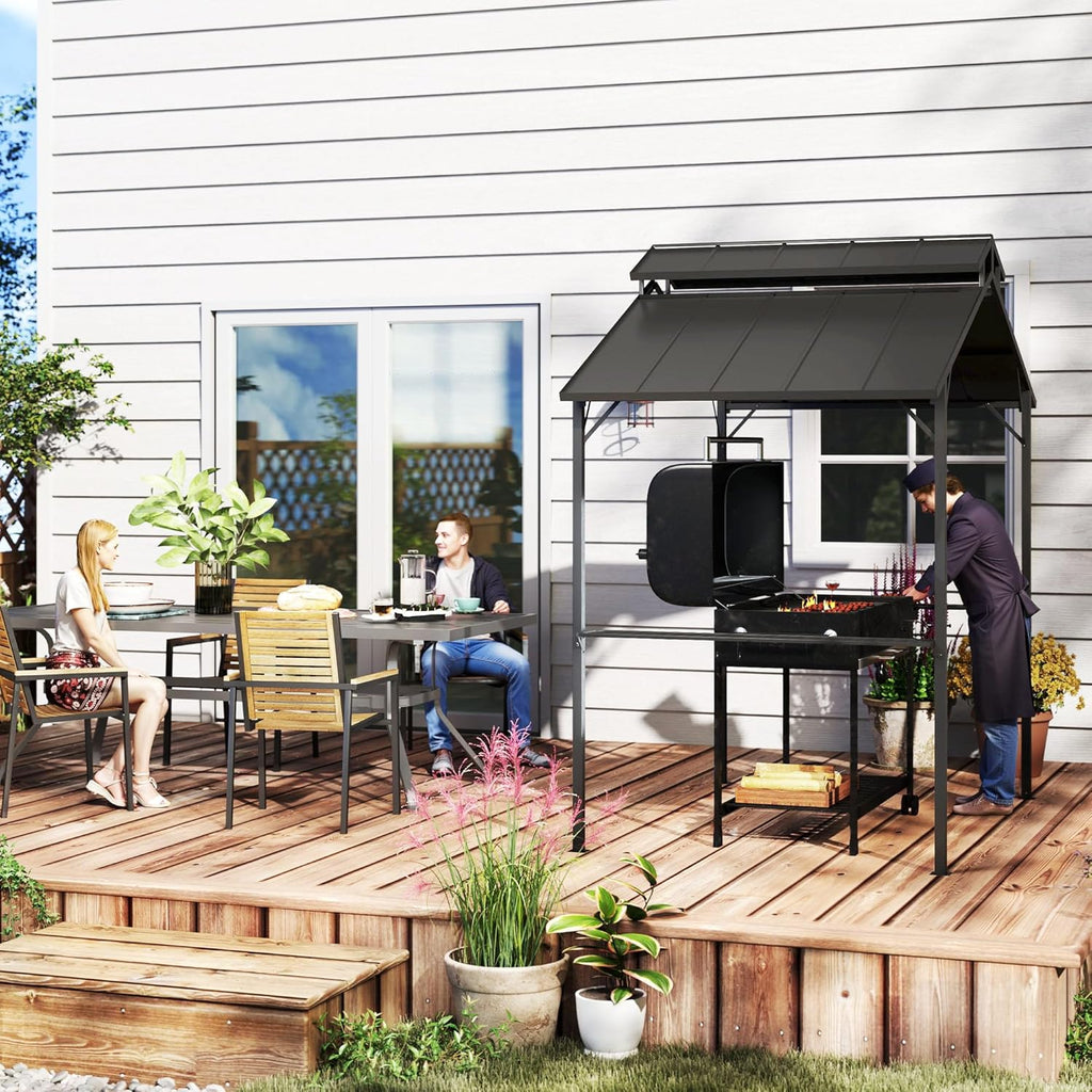 8' x 5' Hardtop Grill Gazebo, Outdoor BBQ Gazebo with Double Metal Roof, 2 Side Shelves and 10 Hooks