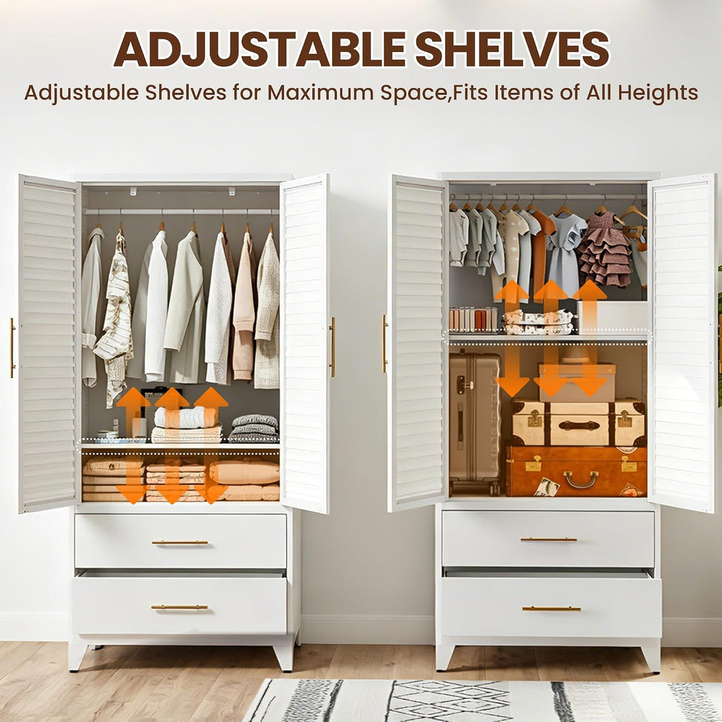 Metal Armoire Wardrobe Closet, 71" Clothing Storage Cabinets with Adjustable Hanging Rod and Shelves , Louvered