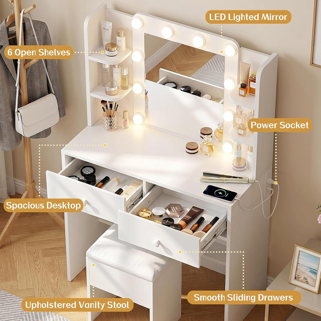 Makeup Vanity Desk with LED Mirror and Chair Set, White | 3 Lighting Modes, Built-in Charging Station, Storage