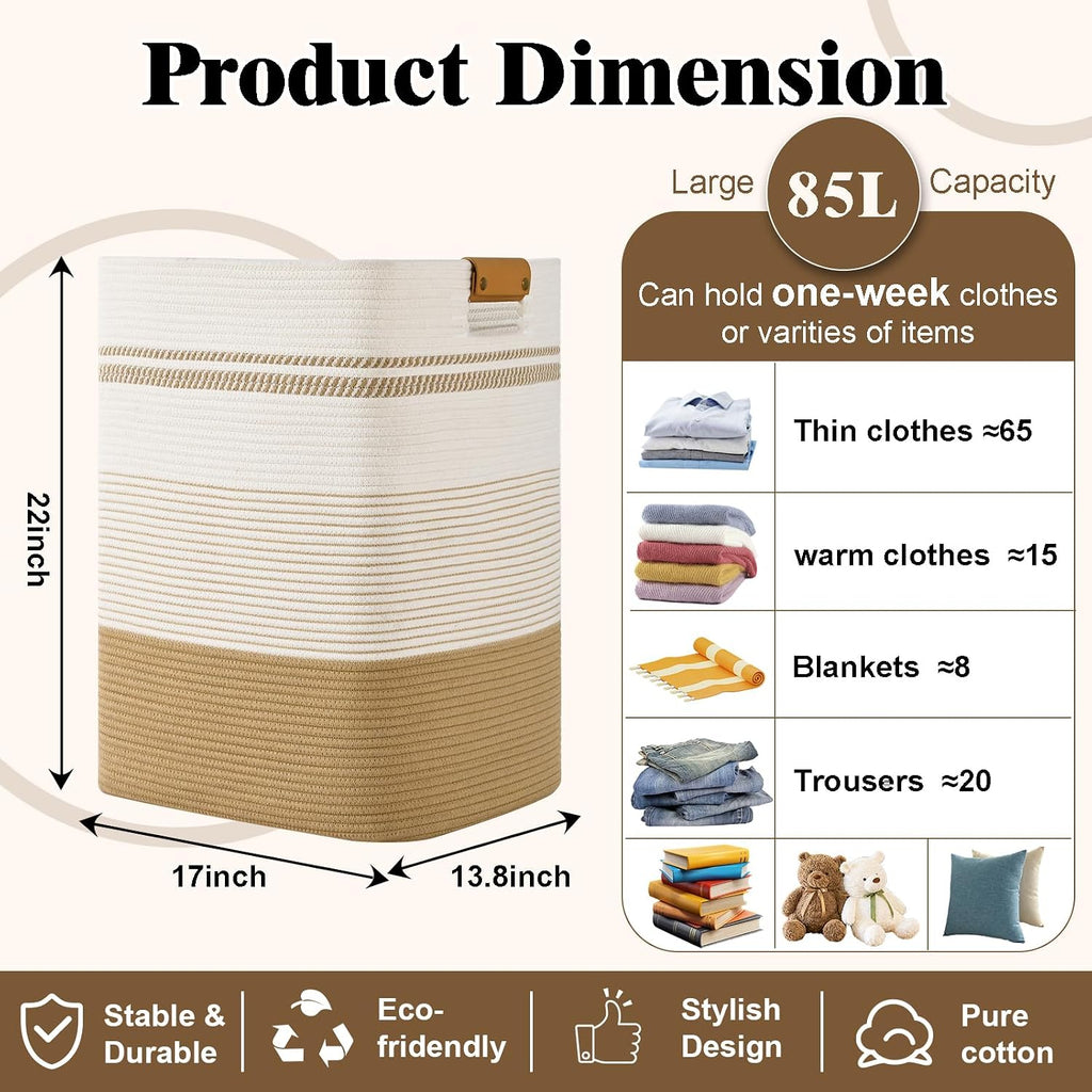 Laundry Hamper, 85L Tall Laundry Basket with Leather Handles, Rectangle Large Clothes Hamper for Organizing, Cotton