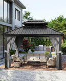 10x12 FT Hardtop Gazebo with Curtains and Netting, Galvanized Steel Double Vented Roof