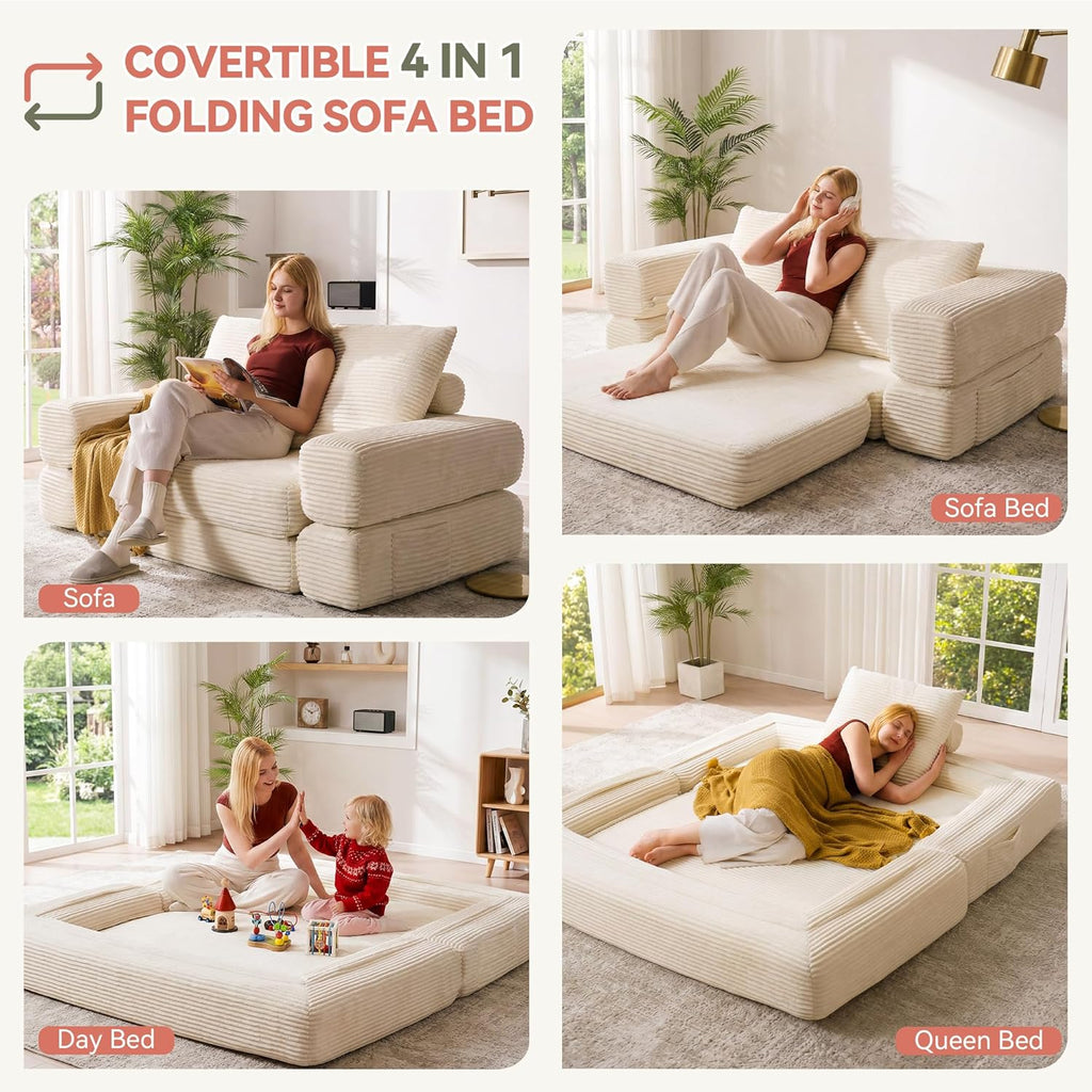 4-in-1 Convertible Folding Sofa Bed, 78"W x 68"L Queen Size Foldable Sleeper Sofa Bed, Wide Corduroy Upholstery