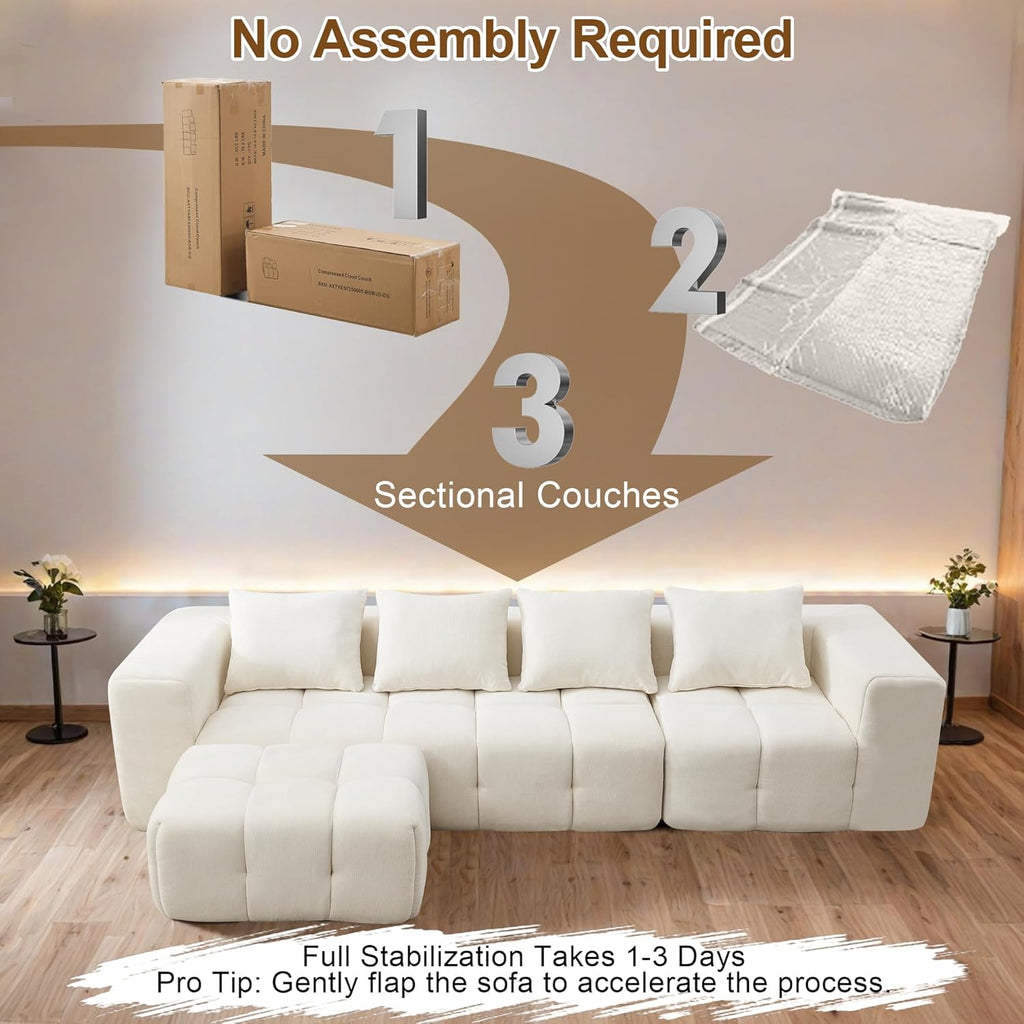 119" Boneless Couch, Cloud Sectional Couch with Deep Seat, High-Density Memory Foam and Chaise