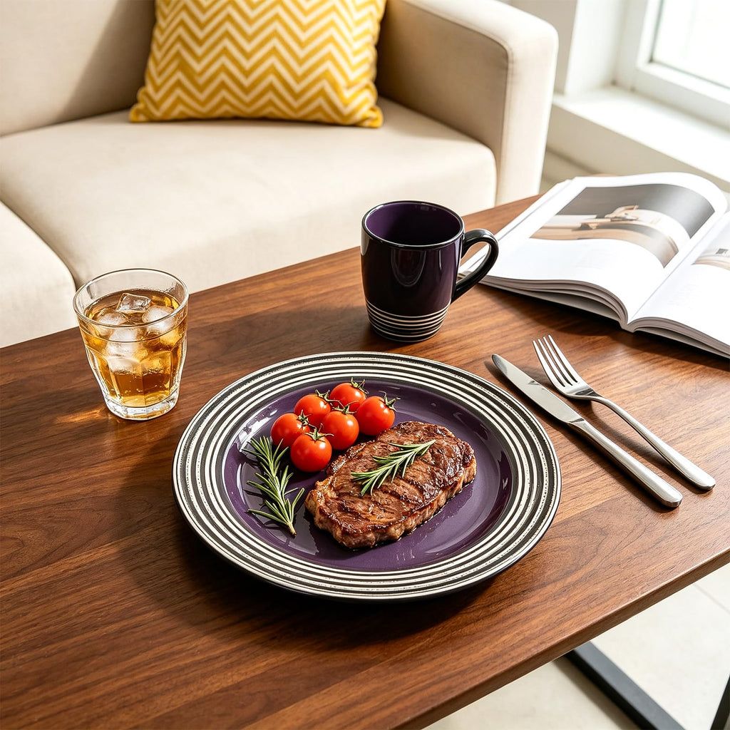 16 Piece Dinnerware Set, Ceramic Plates and Bowls Sets for 4, Microwave and Dishwasher Safe, Handcrafted Tree Bark