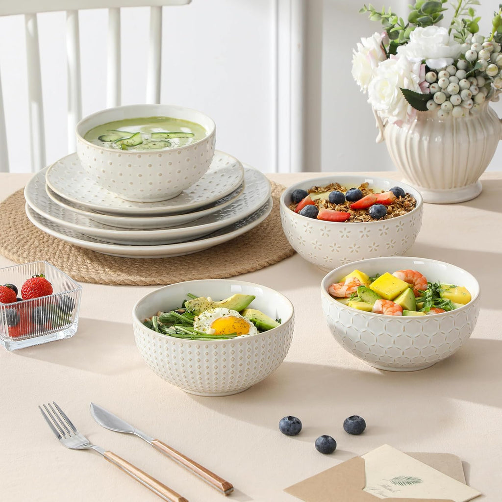 24 Piece Dinnerware Set, Embossed Ceramic Dish Sets Service for 8, Plates and Bowls Set