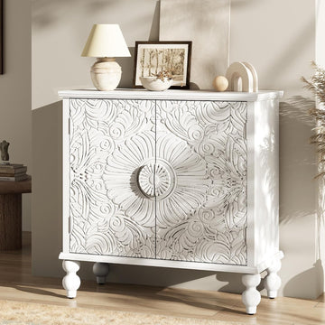 Buffet Cabinet with Storage, Accent Cabinet with 2 Carved Doors, Solid Wood Sideboard with Adjustable Shelf, Vintage