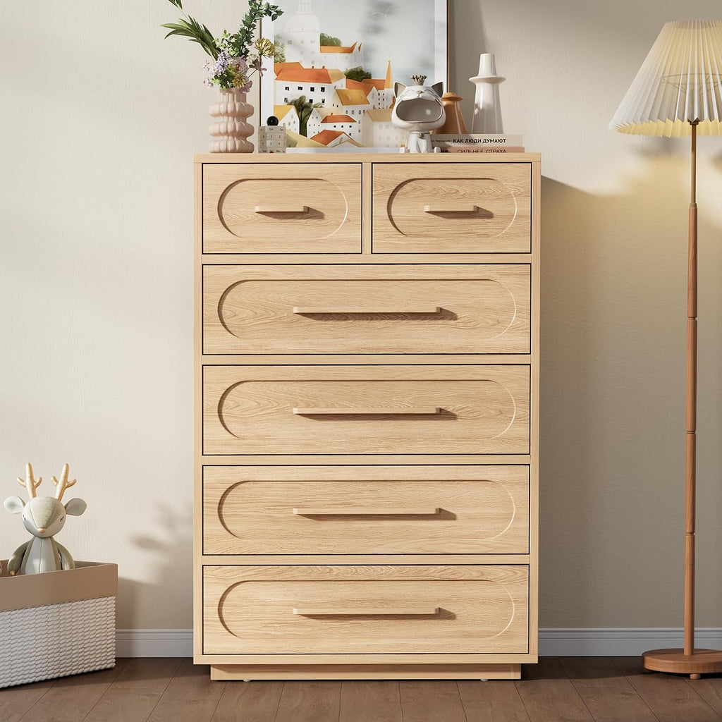 Natural 6 Drawer Dresser , 44" Tall Dressers & Chest of Drawers with Solid Wood Handles, Mid Century Modern Dresser