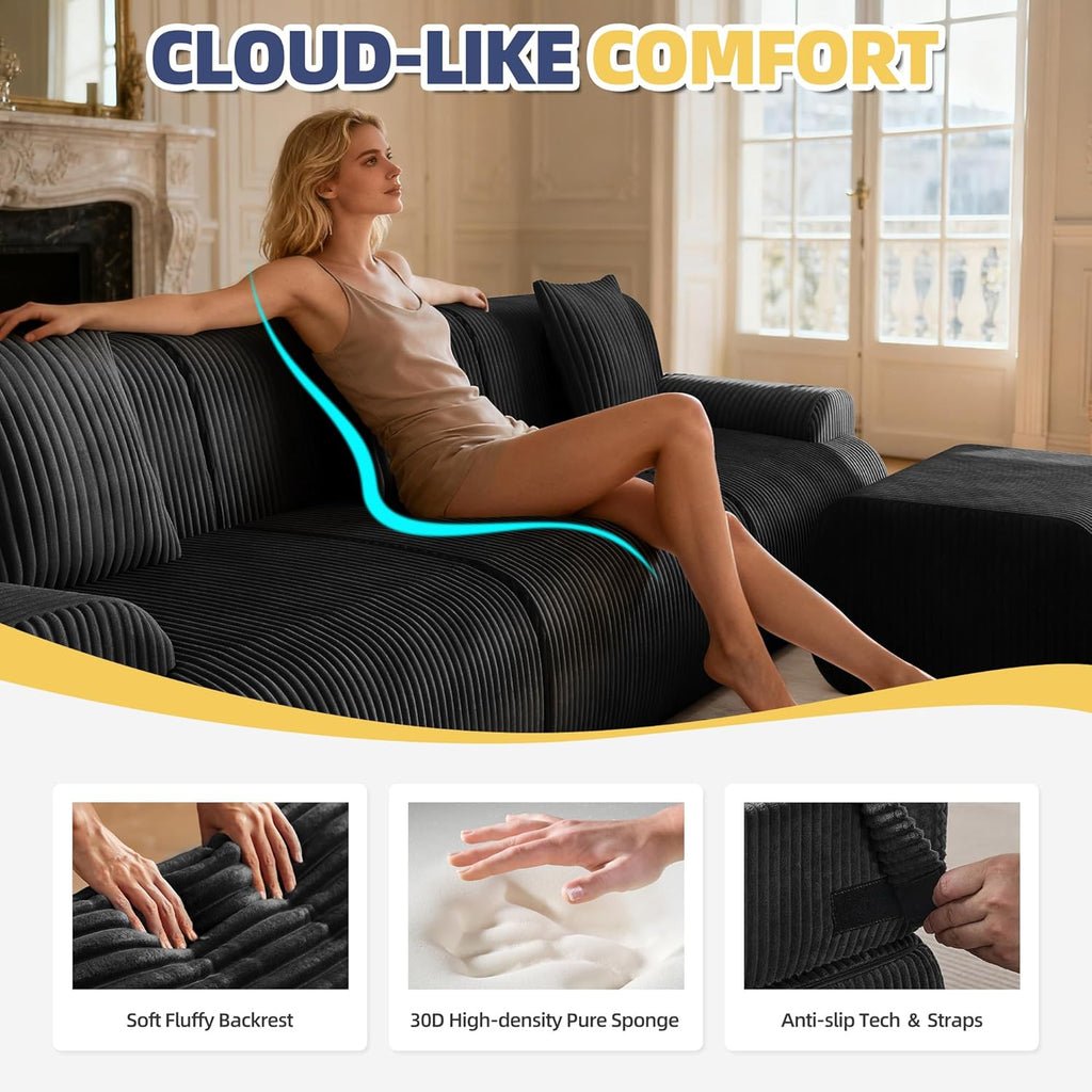 118" Modern L Shaped Modular Sectional Sofa, Boneless Cloud Couch with Ottoman, Oversized Corduroy Couch Deep Seat