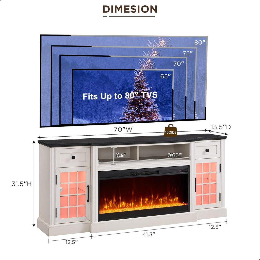 Fireplace TV Stand for 80 Inch TV, Farmhouse Highboy Entertainment Center w/LED Lights & 36" Electric Fireplace, Large Media Console w/Glass Door Cabinet & Storage Drawer, White