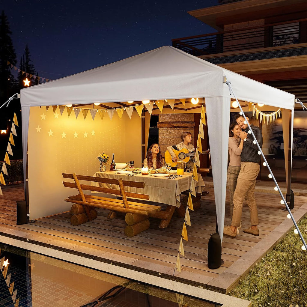 10x10 Pop Up Canopy with Sidewalls, Outdoor Instant Canopy Tent with Carry Bag Events, Camping, Backyard Parties - White
