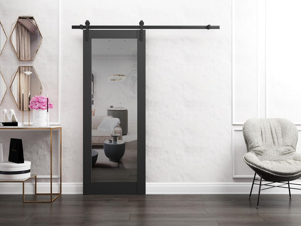 Lucia 1299 | Interior Single Sliding barn Door with Mirror, Solid Wood, 42x96, Black, Modern Style |