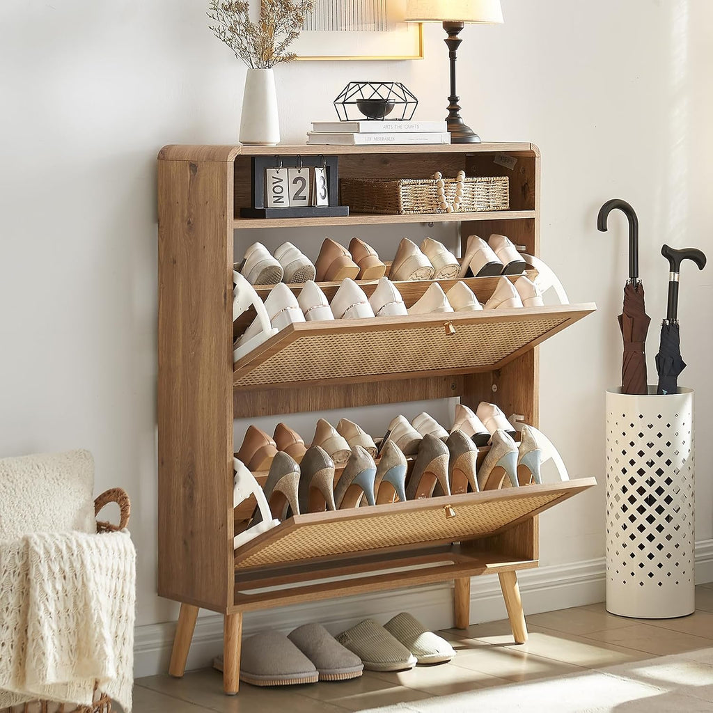 Rattan Shoe Cabinet with 2 Flip Drawers, 16 Pairs Narrow Shoe Storage Cabinet Freestanding Hidden Shoe Rack, Modern