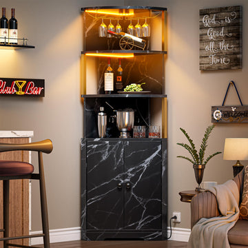 71'' Corner Bar Cabinet with LED Lights, 5-Tier Wine Rack with Power Outlets, Glass Holder and Door, Liquor Cabinet