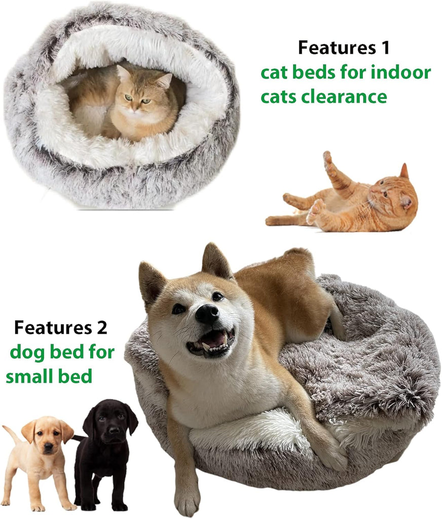 Cat Bed Round Plush Fluffy Hooded Cat Bed Cave, Cozy for Indoor Cats or Small Dog beds