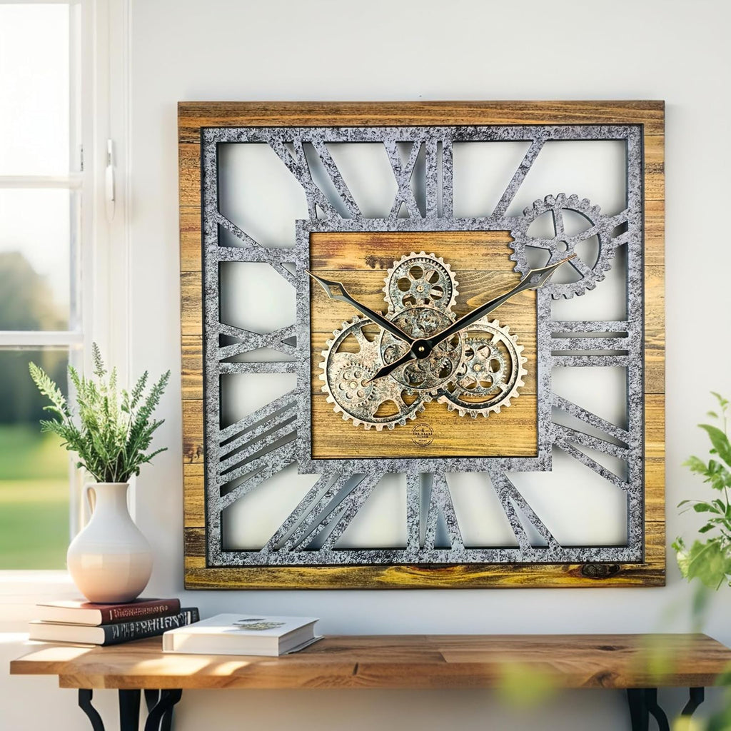 ImprovingLife The Gears Clock 24'' Inch Square Real Moving Gear Wall Clock Vintage Industrial Oversized Rustic Farmhouse (Wood and Stone)