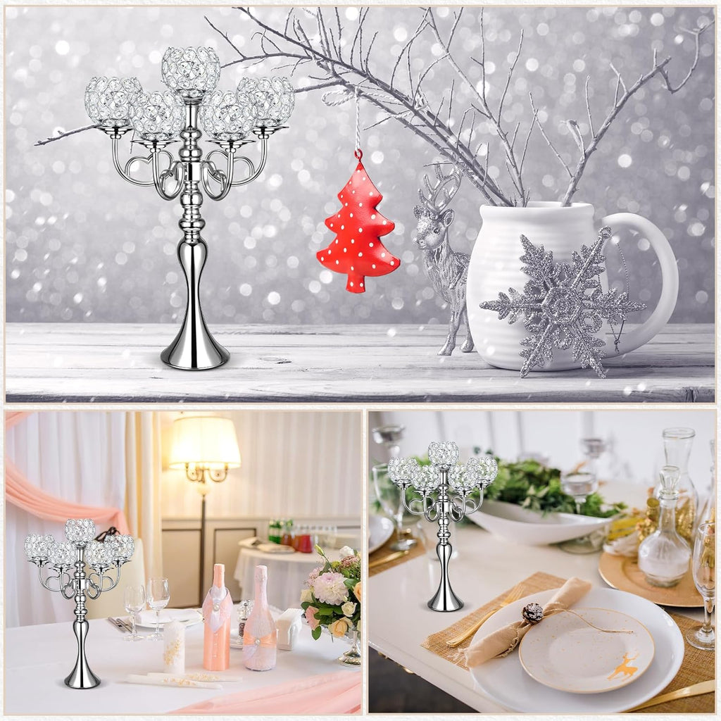 2 Pcs Wedding 5 Arm Crystal Silver Candelabra Table Centerpieces with 12 LED Light 21.5'' Tall Candle Holder Bowl
